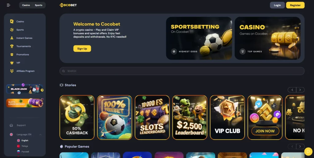 CocoBet crypto casino game library and deposit options