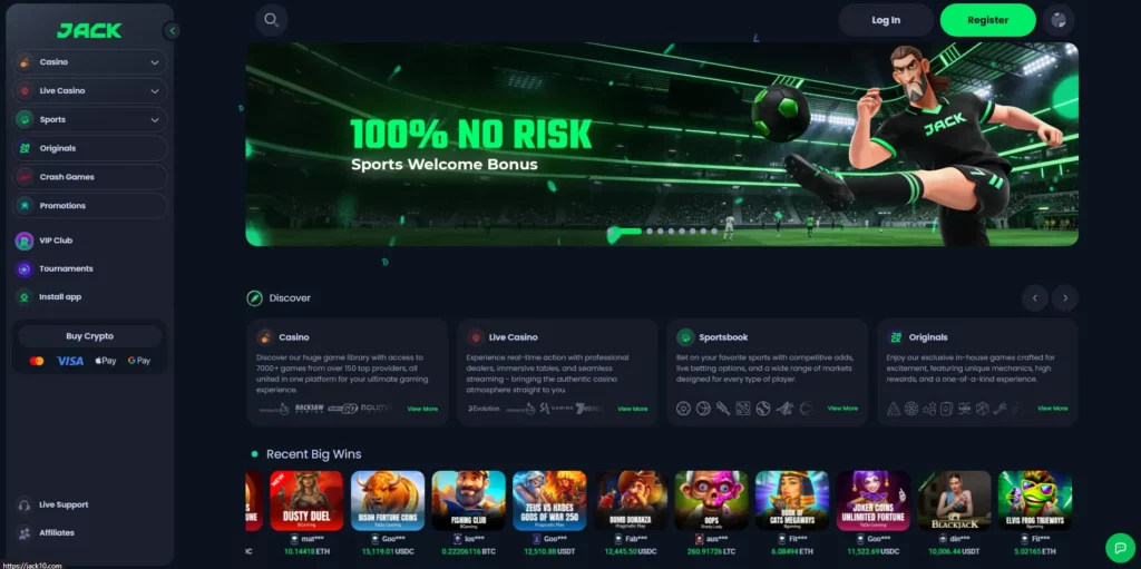 JACK casino sportsbook and game category interface