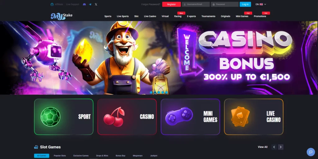 MyStake casino lobby and navigation interface
